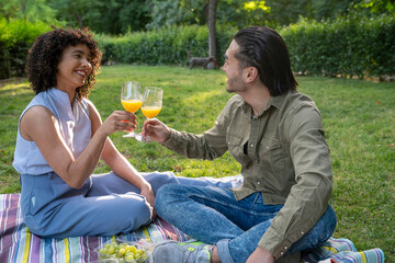 Fototapeta premium Interracial couple toasting drinks during park picnic