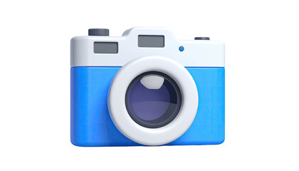 A cartoon camera with a blue and white body, lens, and black background