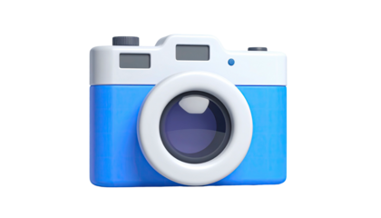 A cartoon camera with a blue and white body, lens, and black background