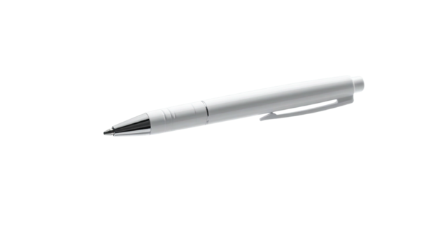 A silvery-white pen with a silver tip and a clip, isolated against black