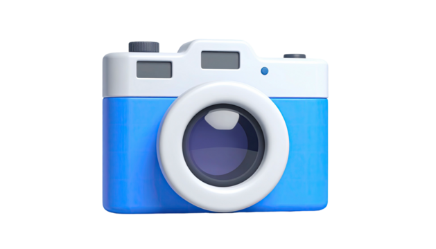 A cartoon camera with a blue and white body, lens, and black background