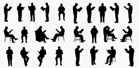 Diverse collection of black human silhouettes illustrating people standing and sitting in various poses while reading books or looking at documents.
