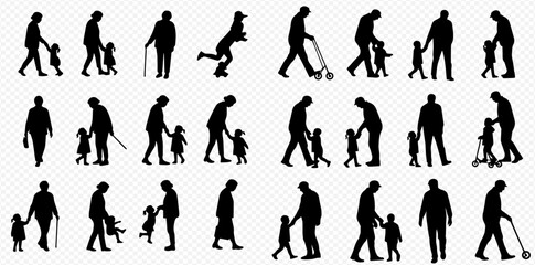 Silhouettes of elderly adults and young children walking, holding hands, and interacting, some adults using walking sticks or scooters.