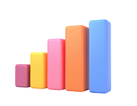 Colorful 3D bar chart rising upward on a black background - Powered by Adobe