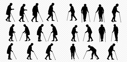 Silhouettes of elderly men and women walking with canes, depicting various postures and movements.