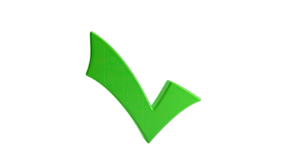 A glossy, green, three-dimensional checkmark floats against a stark black backdrop