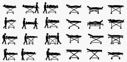 Black silhouettes depicting medical staff transporting patients on stretchers and various emergency bed configurations.