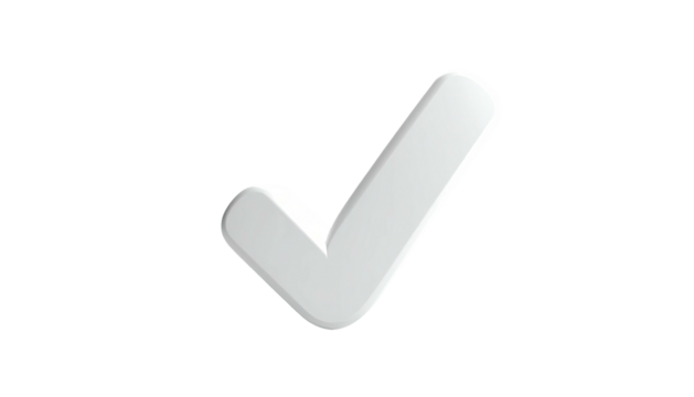 A glossy white checkmark graphic floats on a black background, 3D rendered