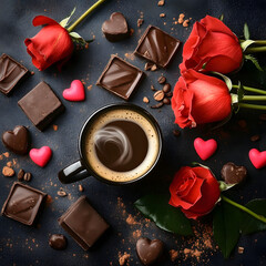 Romantic coffee and chocolate with red roses for valentine s day celebration