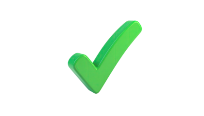 A 3D rendered, shiny green checkmark floating against a stark black background