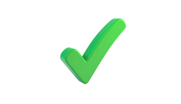 A 3D rendered, shiny green checkmark floating against a stark black background