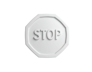 Monochrome octagon stop sign, text "STOP", in 3D relief against black background