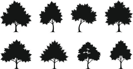 Tree silhouette collection, diverse tree shapes, black botanical icons, forest design elements, seasonal nature art, abstract tree illustration, landscape tree symbols
