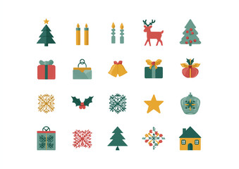 Festive Christmas Icon Set with Traditional Symbols including Christmas Trees and Presents in Harmonious Colors