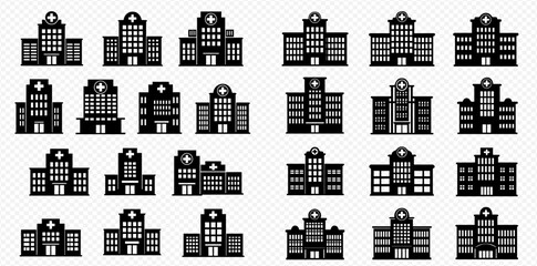 A comprehensive collection of black silhouette hospital building icons featuring various architectural designs on a transparent background.