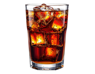 A glass of cola with ice cubes