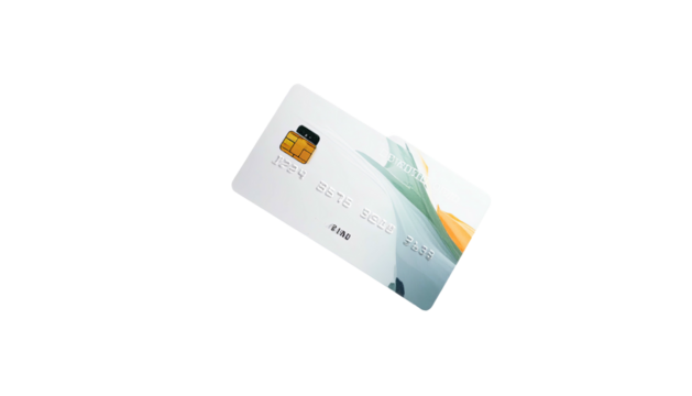 Angled, isolated, white plastic card, chip & numbers visible, partially visible design