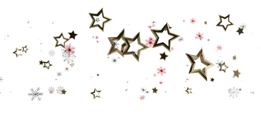 Golden stars and delicate snowflakes falling on a white background, creating a festive atmosphere. Perfect for holiday designs, Christmas cards,