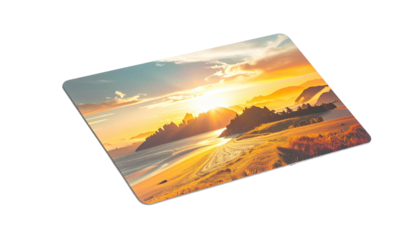 Digital artwork of a sunset over a beach and hills on a rectangular surface