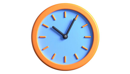 A 3D rendering of a clock with a light blue face and orange details