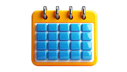 Cartoon-style calendar with yellow cover, blue days, and silver binding