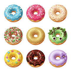 A vibrant collection of nine assorted glazed donuts with colorful icing and decorative toppings isolated on a white background