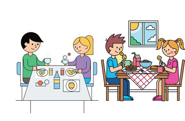 Family dining illustration, adults and children eating together, meal time, food culture, nutrition