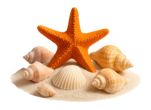 Starfish and seashells on a pile of sand.