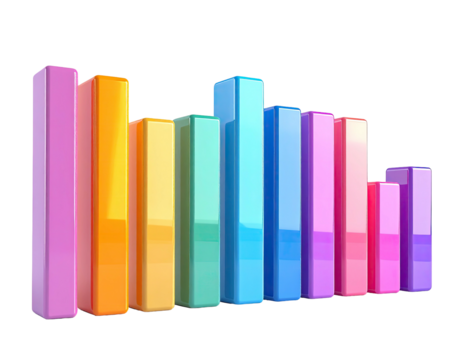 Colorful, glossy vertical bars representing data or growth, arranged in a visual pattern