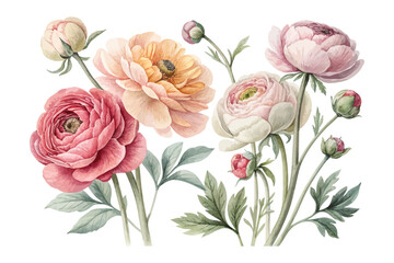 watercolor peony and ranunculus floral set  vector illustration