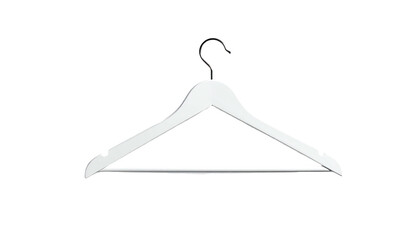A white wooden clothes hanger with a metal hook, isolated on a black background