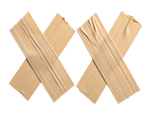 Two beige adhesive strips forming a large "XX" symbol