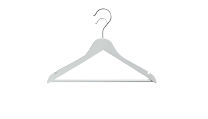 A stylized, minimalist depiction of a clothes hanger against a stark black background