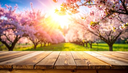 A vibrant spring landscape featuring cherry blossoms framing a rustic wooden surface, basking in the sun's glow