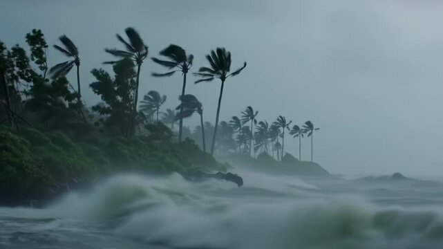 Wide video of a Category 5 hurricane lashing uninhabited tropical coastline. Titanic rain and gale-force winds thrash palm trees, ocean erupts under dark sky, raw power of nature concept