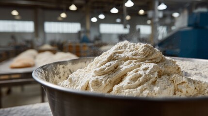 Industrious flour mound bathed in bakery's warm glow, whispering tales of rustic sourdough artistry and World Bread Day