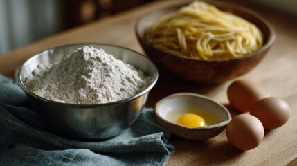 Fototapeta premium In the rustic kitchen's soft light, flour, eggs, and pasta weave culinary tales for National Homemade Bread Day