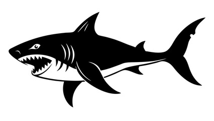 Obraz premium Vector illustration of a menacing black silhouette of a great white shark with its mouth open and sharp teeth bared, isolated on a, conveying aggression and danger