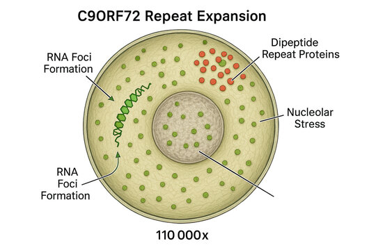 C9orf72 Repeat Expansion Mechanism Showing RNA Foci, Dipeptide Repeat Proteins, and Nucleolar Stress at 110,000x Magnification