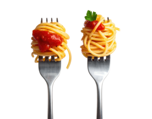 Two forks holding nests of spaghetti, one with tomato sauce, the other plain