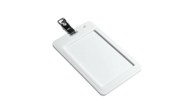 Sleek white plastic rectangular ID badge holder with clip at the top, isolated