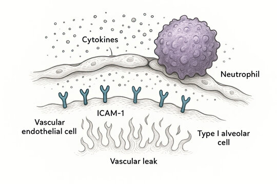 Scientific illustration depicting neutrophil migration through a blood vessel wall in response to inflammation.