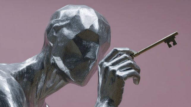 A metallic humanoid sculpture ponders a vintage key, symbolizing cryptic introspection and unlocking mysteries, akin to Dia de Muertos