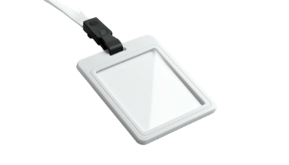 A blank white ID badge with a clear window and a lanyard