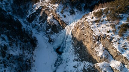 Frozen waterfall cascades down rugged cliffs, evoking winter solstice mystique, frosty tranquility, and alpine dragon lore echoes