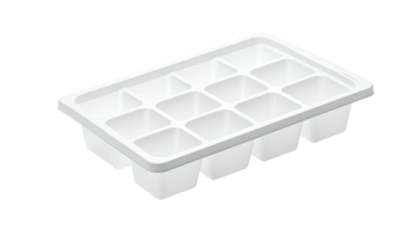 A white, rectangular plastic tray with cubical wells for freezing water