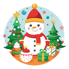 Vector illustration of cute snowman with christmas trees and gifts, festive holiday illustration