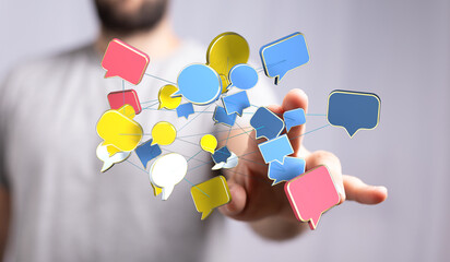 A hand reaching for digital chat bubbles. Concept of online communication, social media,...