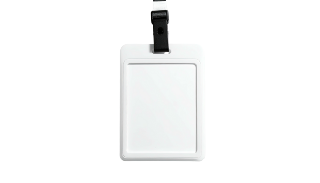 A blank, white rectangular tag with a black lanyard attached against a black background