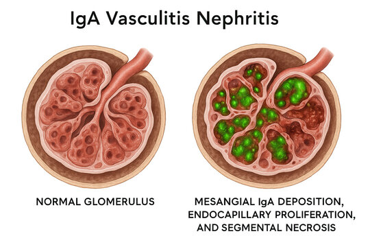 Medical illustration comparing a normal glomerulus to a glomerulus affected by IgA vasculitis nephritis, showing mesangial IgA deposition, endocapillary proliferation, and segmental necrosis.